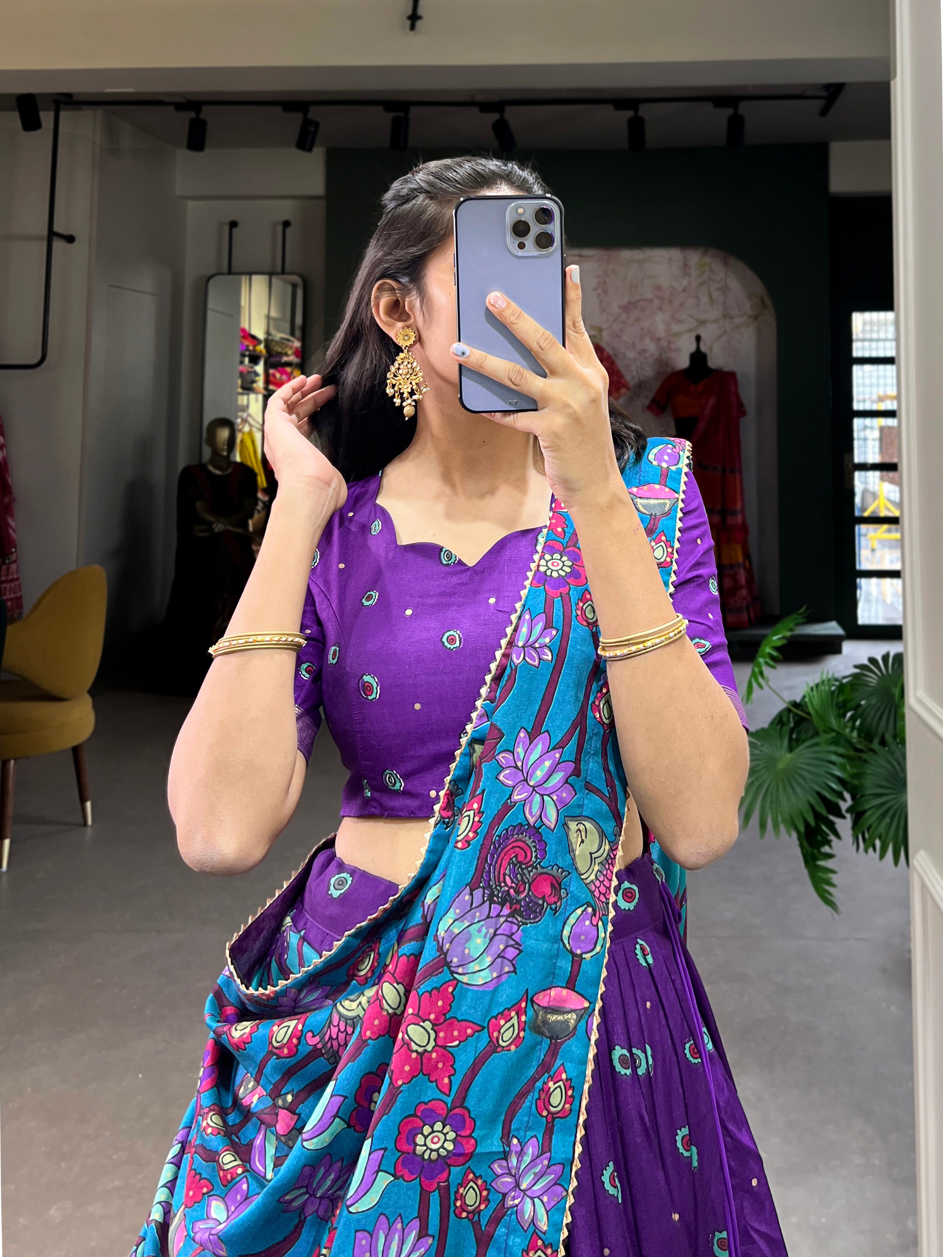 Royal Purple Printed Lehenga Choli with Dupatta & Golden Zari Border