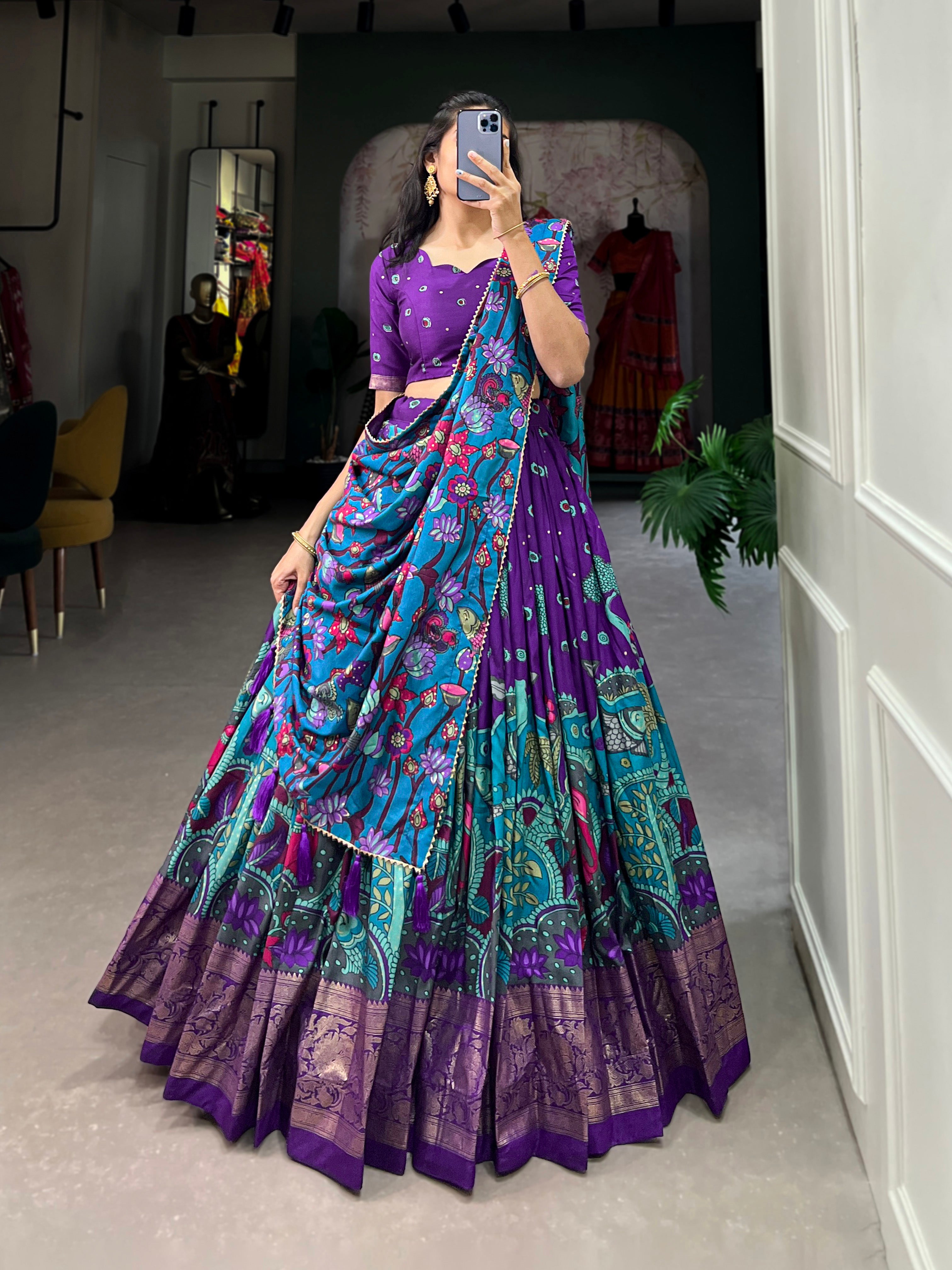 Royal Purple Printed Lehenga Choli with Dupatta & Golden Zari Border