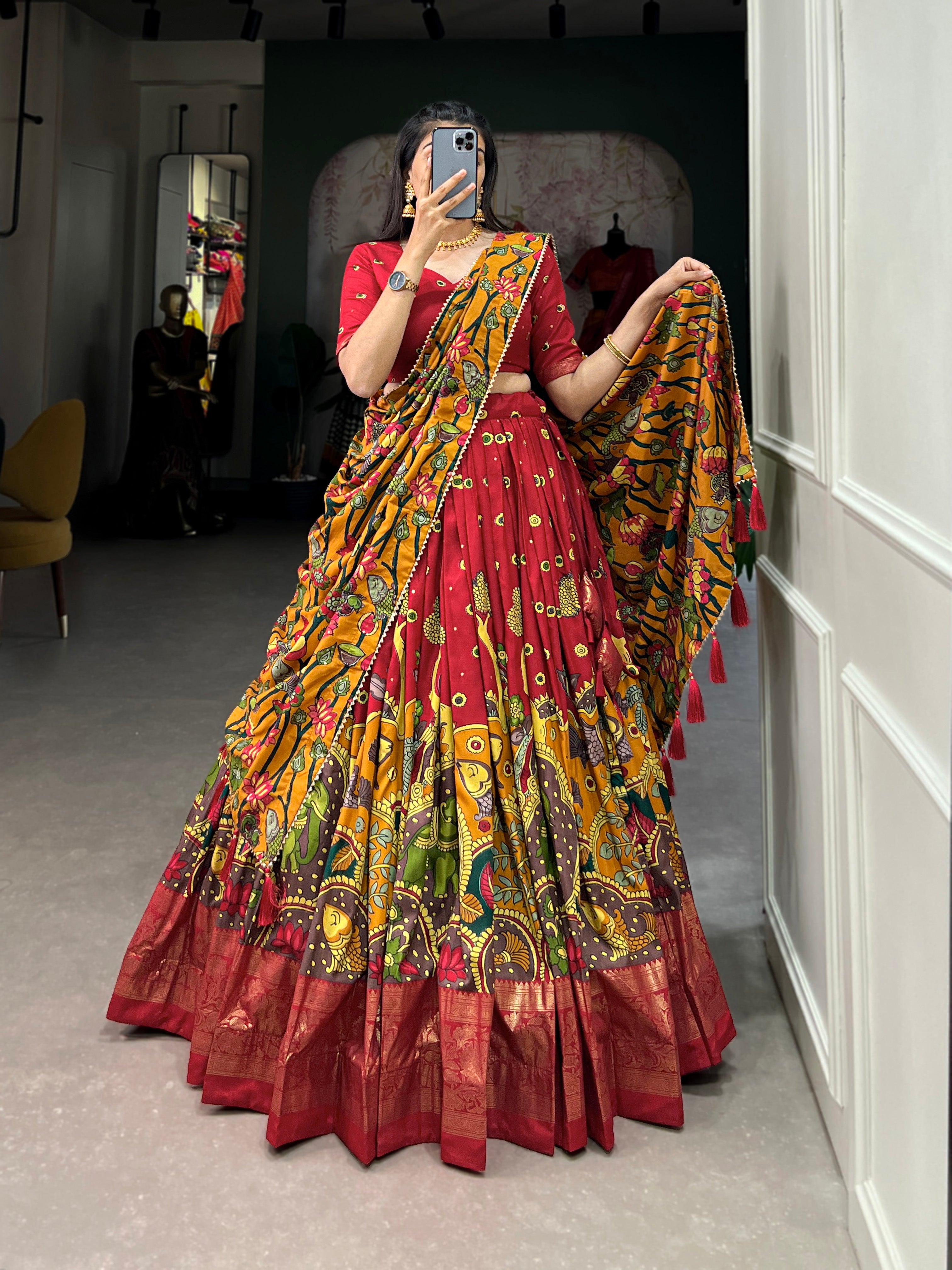 Majestic Red Printed Lehenga Choli with Dupatta & Golden Zari Border
