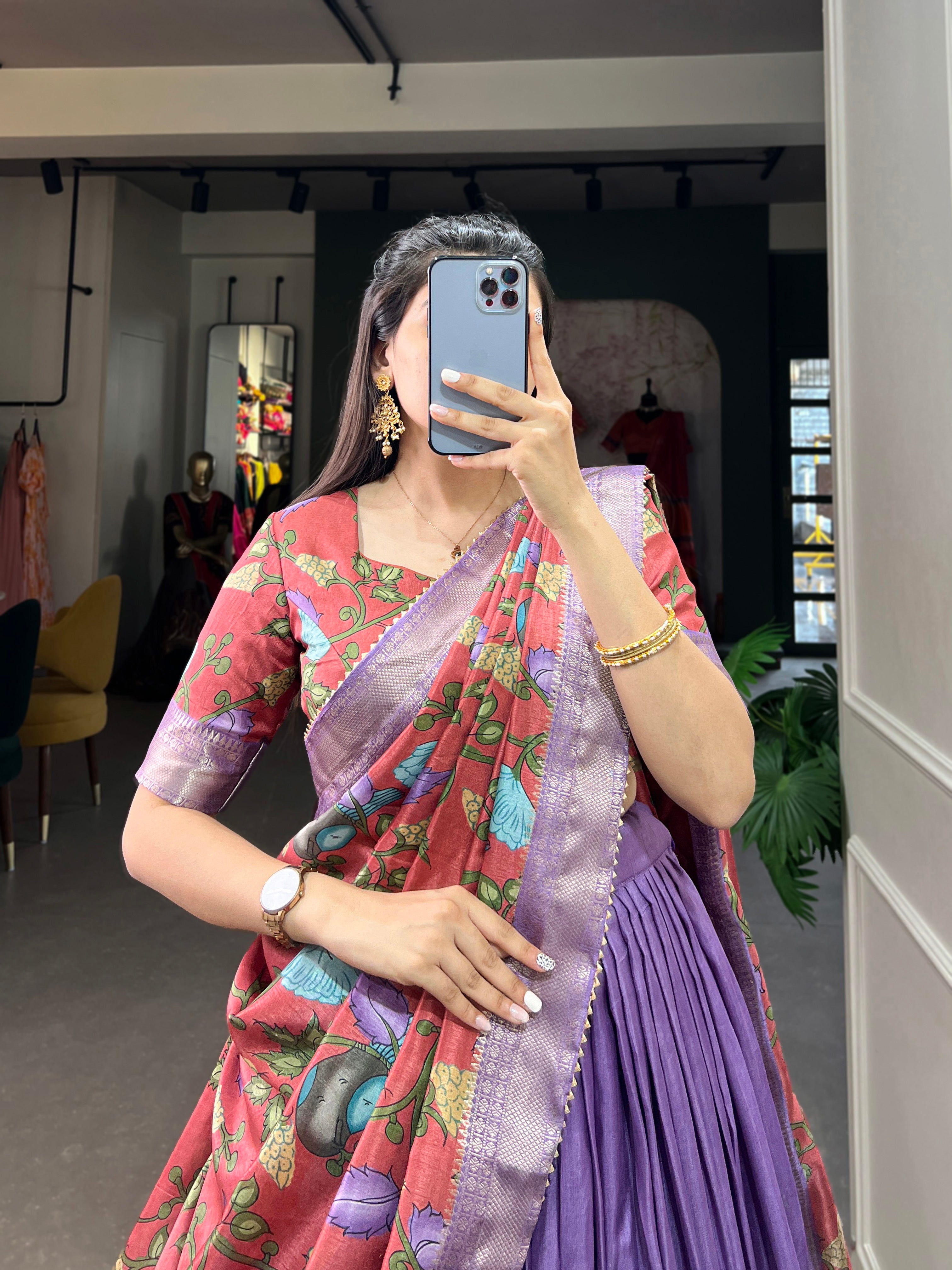Lavender & Maroon Artistic Printed Tusser Silk Lehenga Choli Set