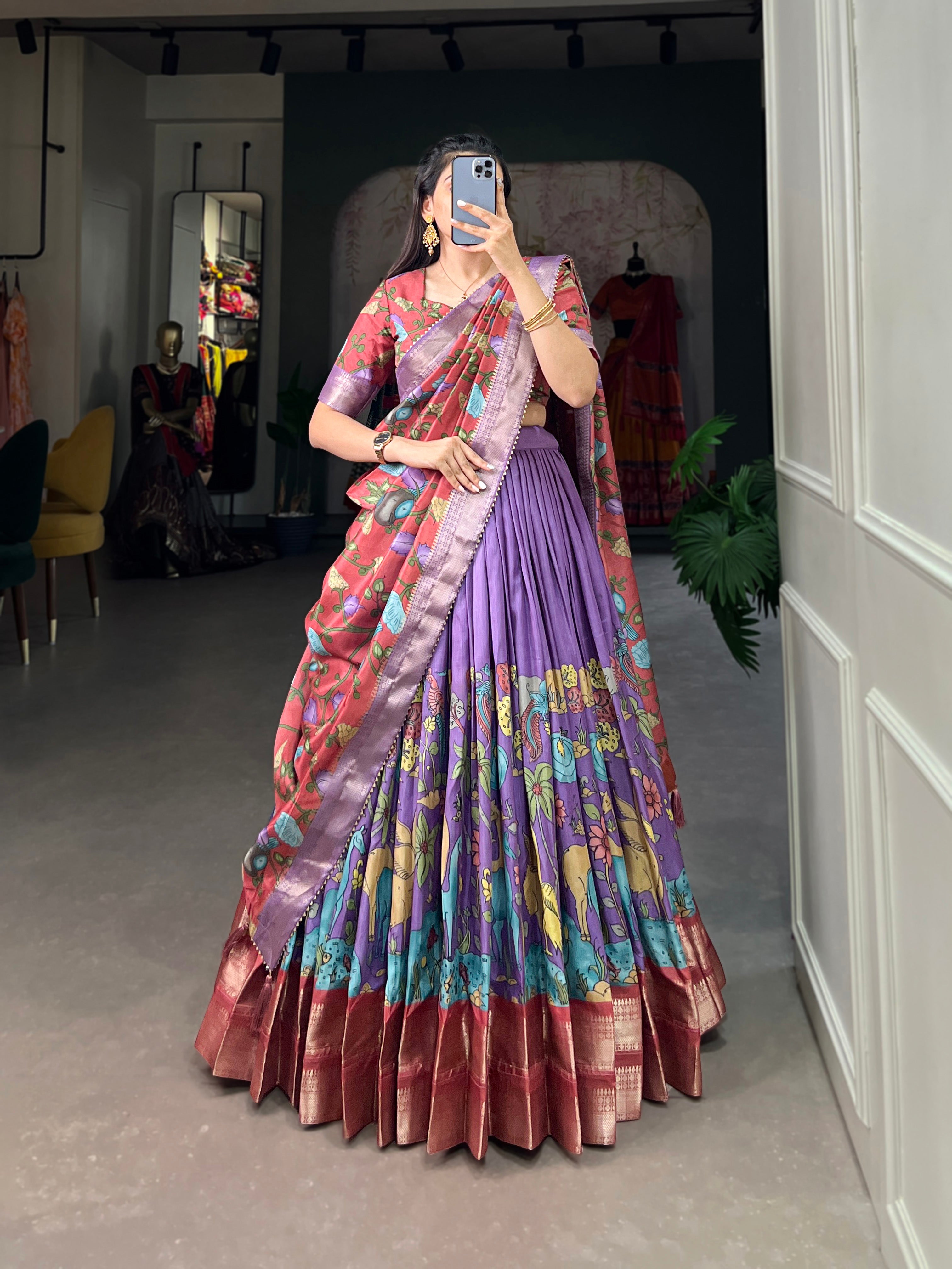 Lavender & Maroon Artistic Printed Tusser Silk Lehenga Choli Set