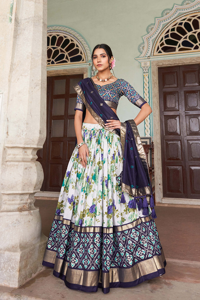 Navy Blue & White Tussar Silk Lehenga Set With Perfect Floral And Patola Print With Dupatta