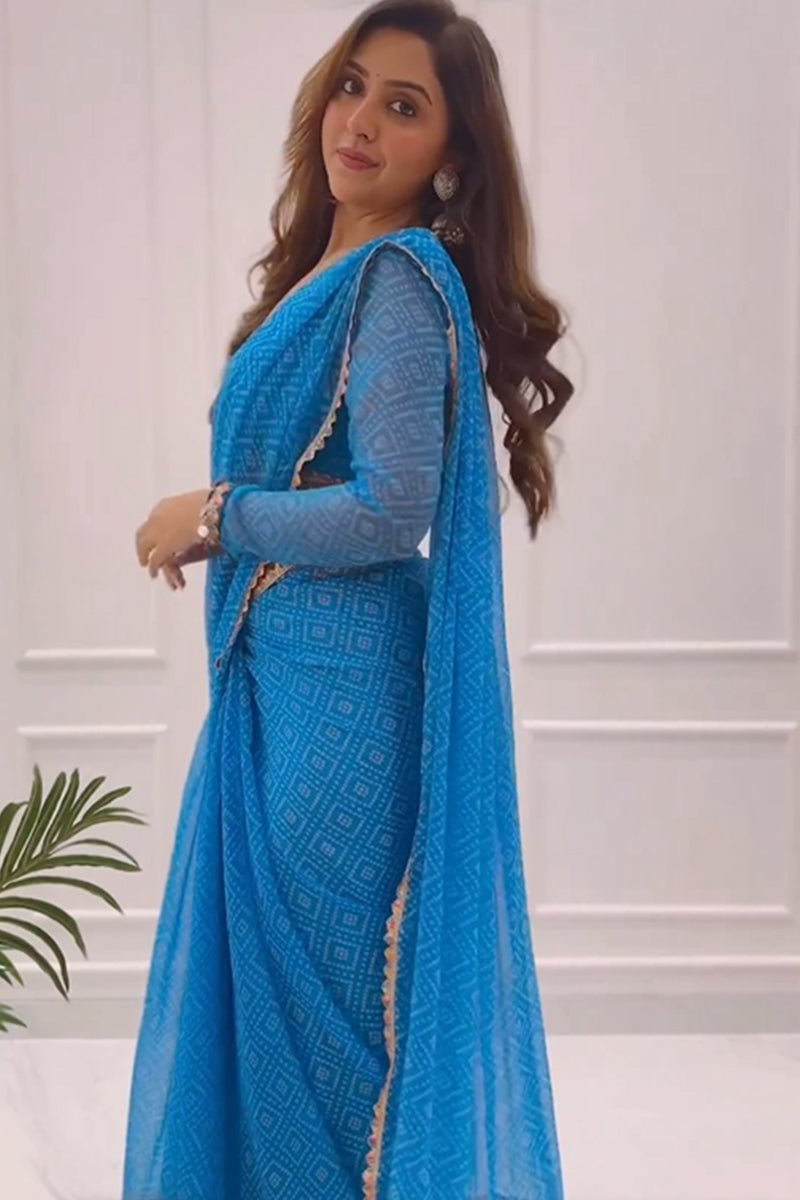 Dreamy 1 Minute Ready To Wear Blue Georgette Digital Printed Saree