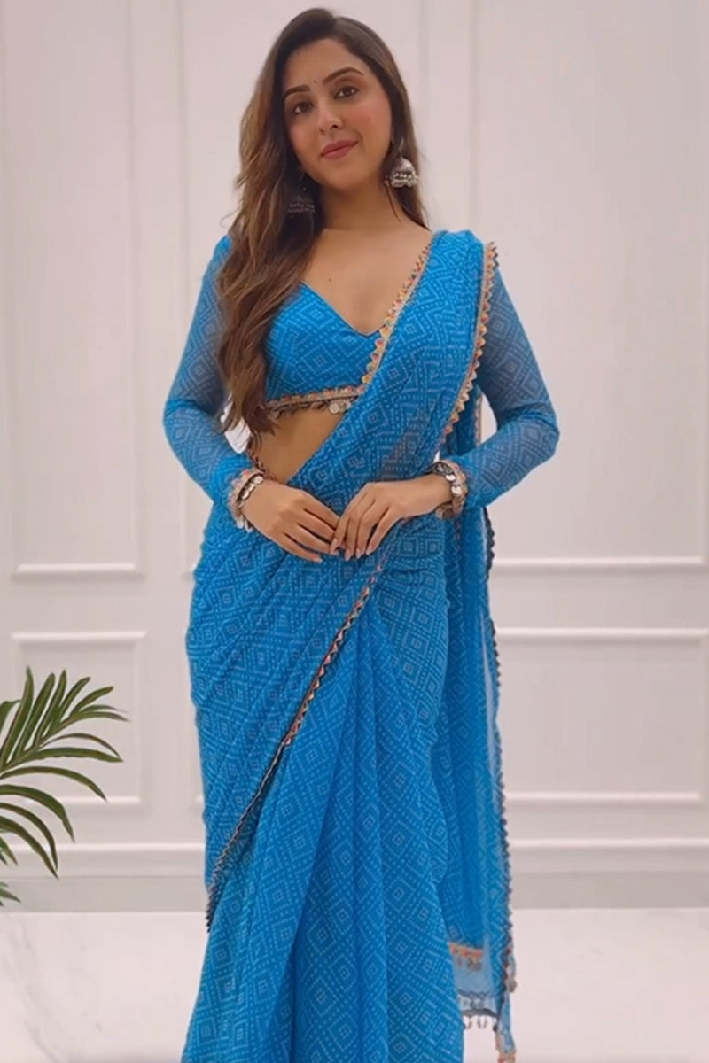 Dreamy 1 Minute Ready To Wear Blue Georgette Digital Printed Saree