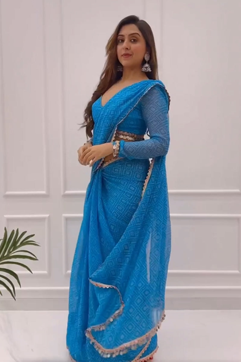 Dreamy 1 Minute Ready To Wear Blue Georgette Digital Printed Saree