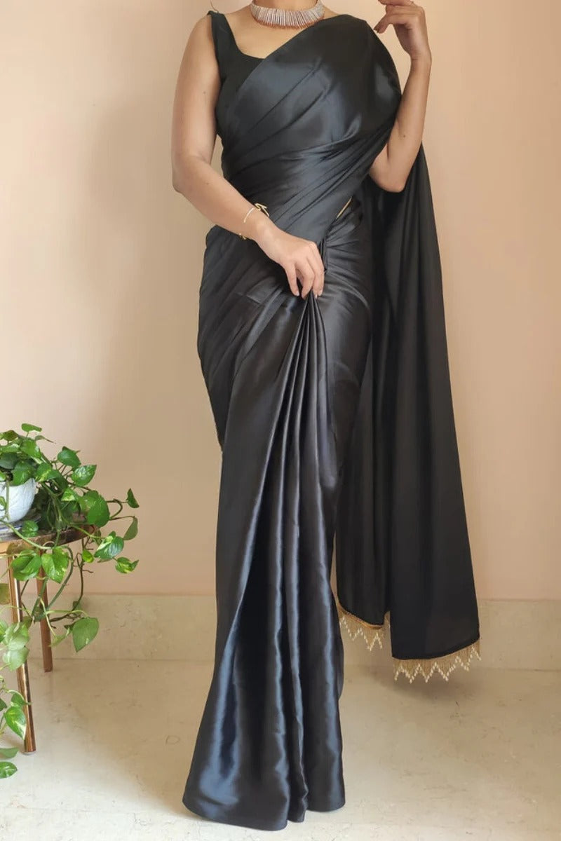 Enchanting 1 Minute Ready To Wear Black Satin Silk Saree