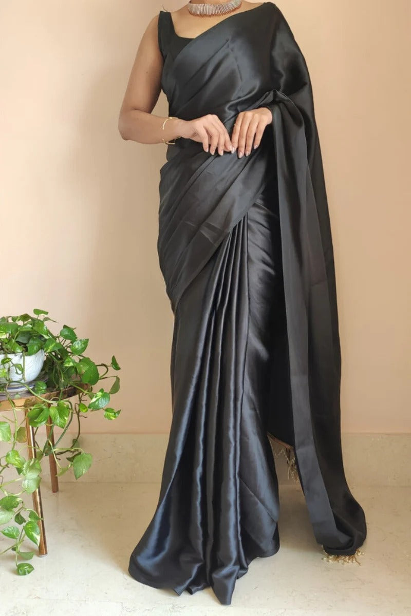 Enchanting 1 Minute Ready To Wear Black Satin Silk Saree