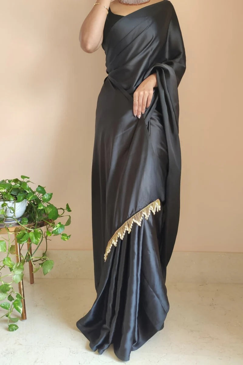 Enchanting 1 Minute Ready To Wear Black Satin Silk Saree