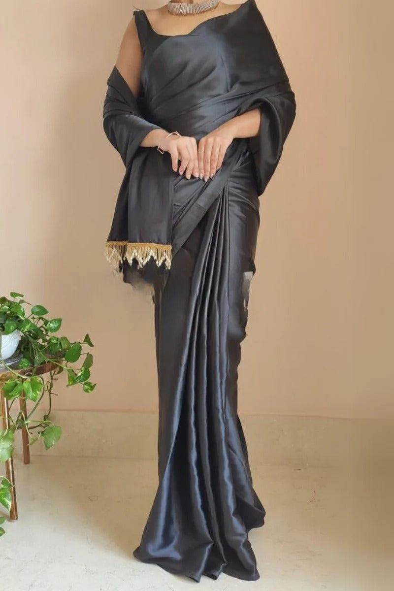 Enchanting 1 Minute Ready To Wear Black Satin Silk Saree