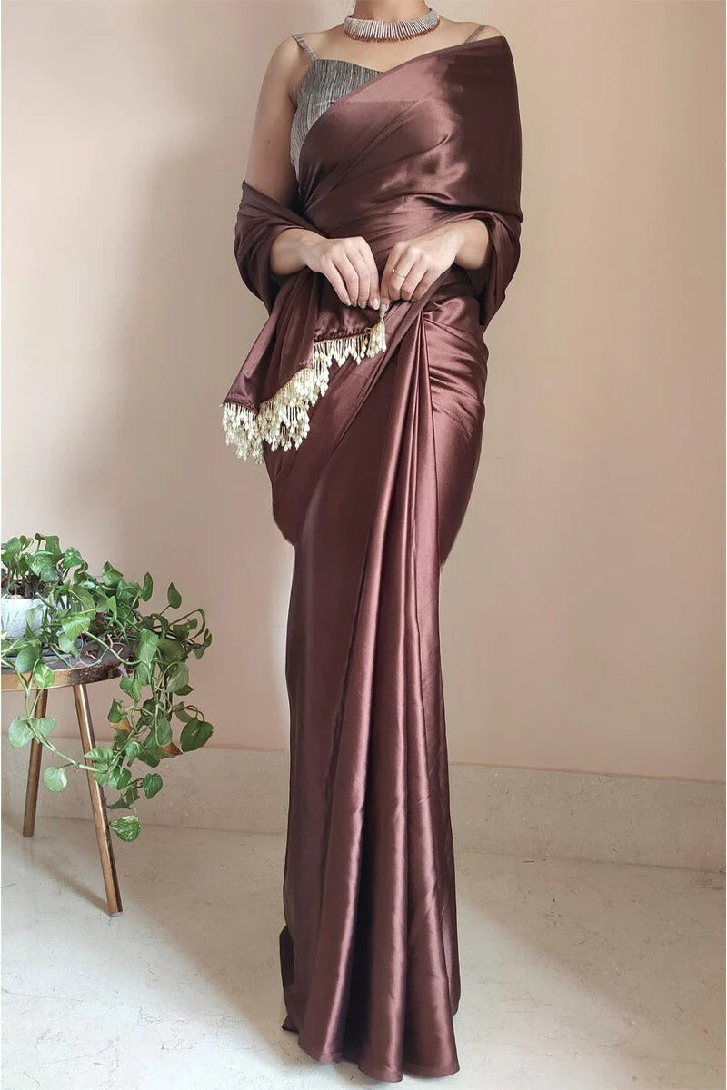 Fragrant 1 Minute Ready To Wear Brown Satin Silk Saree