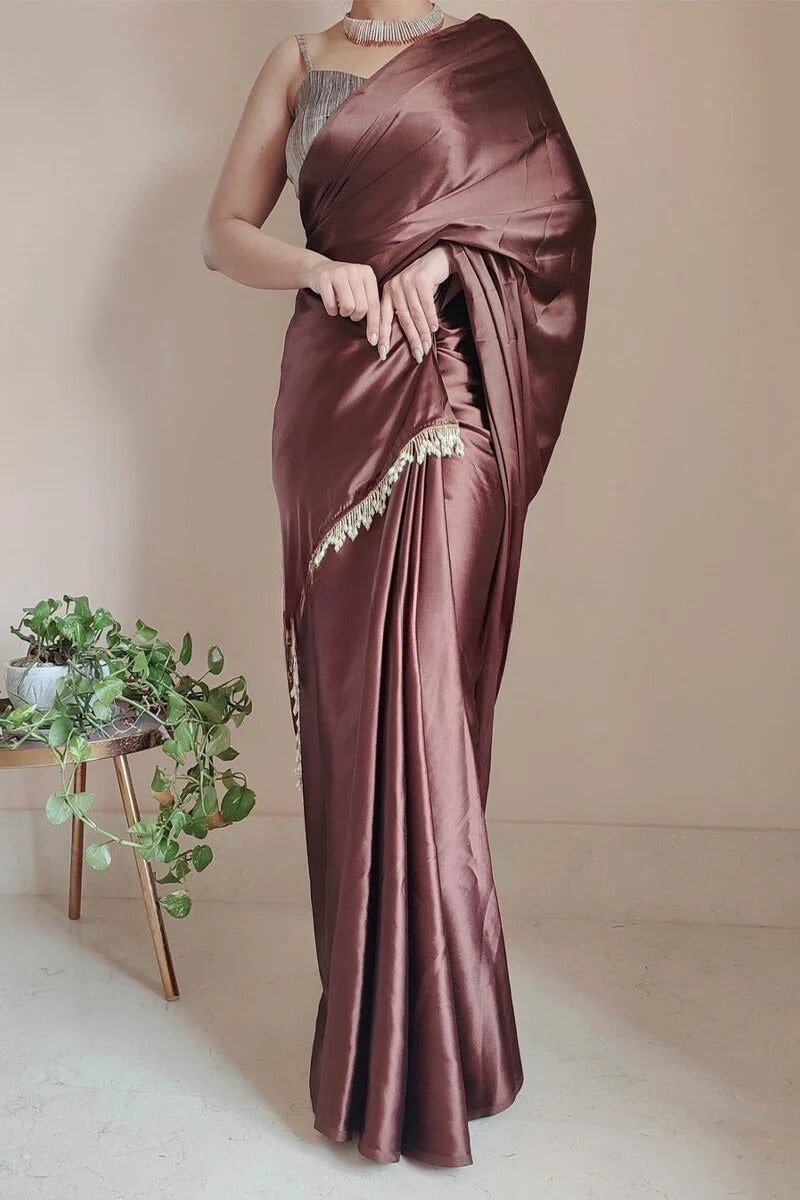 Fragrant 1 Minute Ready To Wear Brown Satin Silk Saree