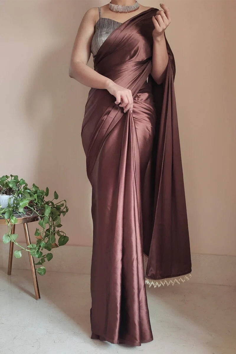 Fragrant 1 Minute Ready To Wear Brown Satin Silk Saree