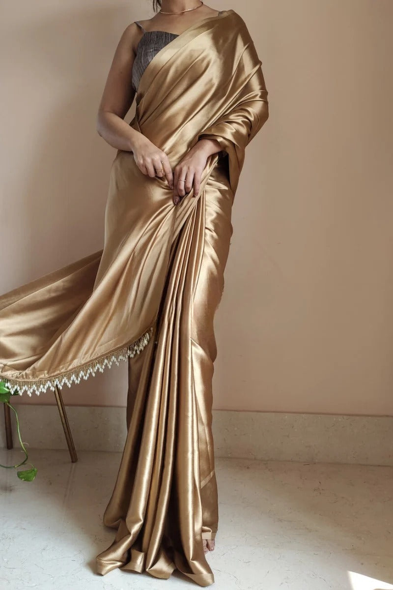 Ethnic 1 Minute Ready To Wear Champagne Gold Satin Silk Saree