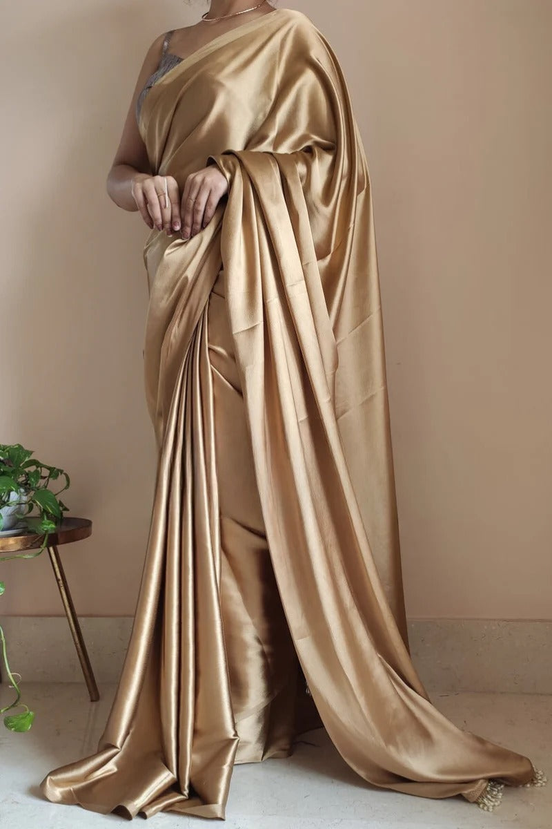 Ethnic 1 Minute Ready To Wear Champagne Gold Satin Silk Saree