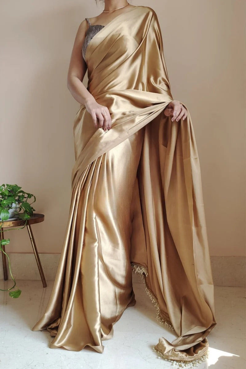 Ethnic 1 Minute Ready To Wear Champagne Gold Satin Silk Saree