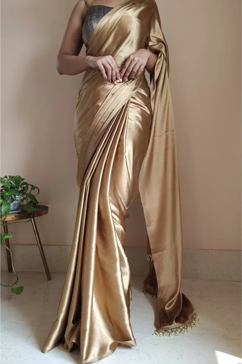 Ethnic 1 Minute Ready To Wear Champagne Gold Satin Silk Saree