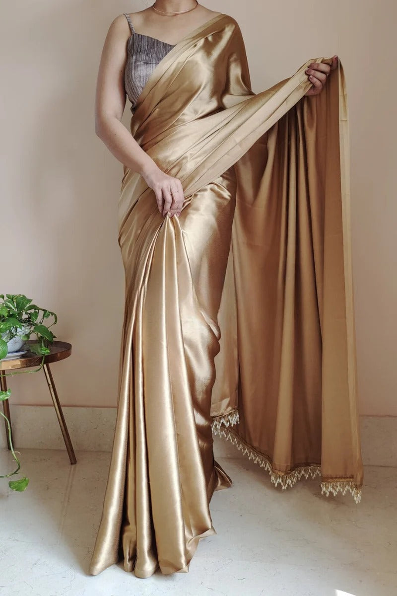 Ethnic 1 Minute Ready To Wear Champagne Gold Satin Silk Saree