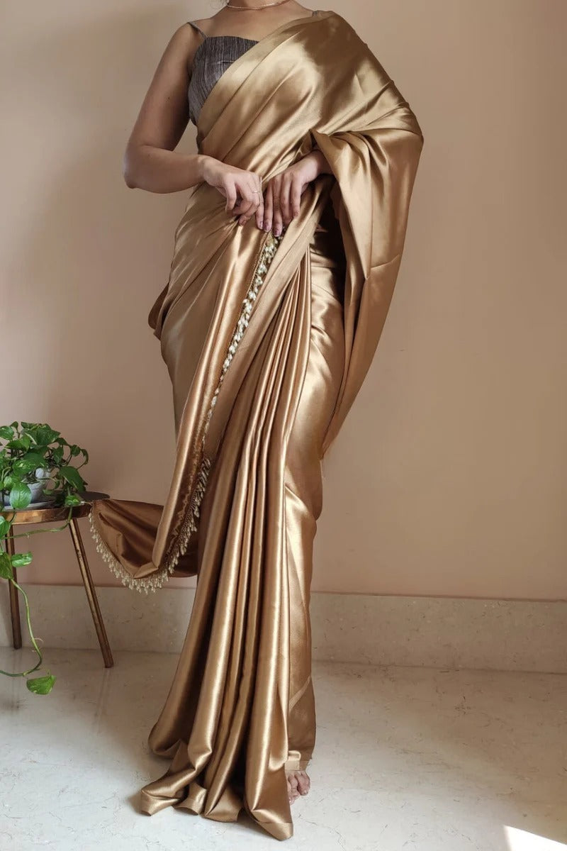 Ethnic 1 Minute Ready To Wear Champagne Gold Satin Silk Saree