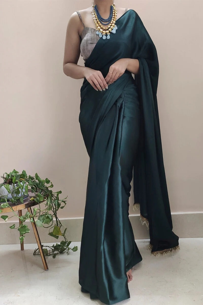 Intricate 1 Minute Ready To Wear Dark Blackish Green Satin Silk Saree