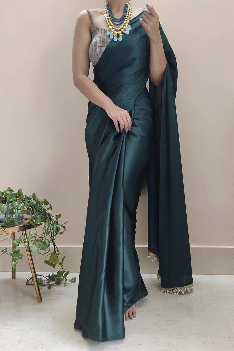 Intricate 1 Minute Ready To Wear Dark Blackish Green Satin Silk Saree