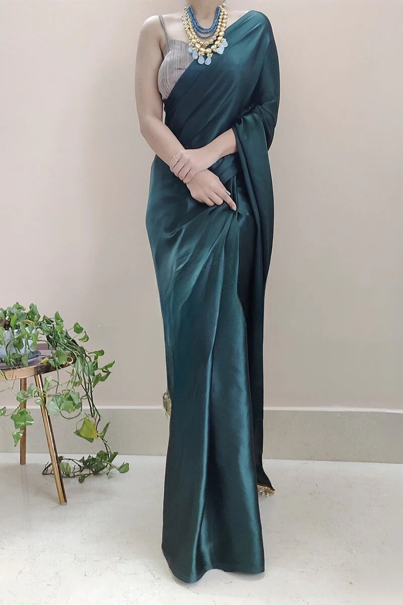 Intricate 1 Minute Ready To Wear Dark Blackish Green Satin Silk Saree