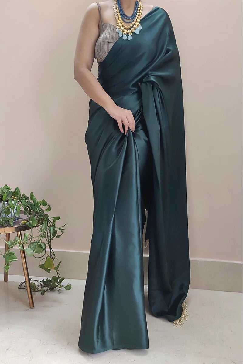 Intricate 1 Minute Ready To Wear Dark Blackish Green Satin Silk Saree