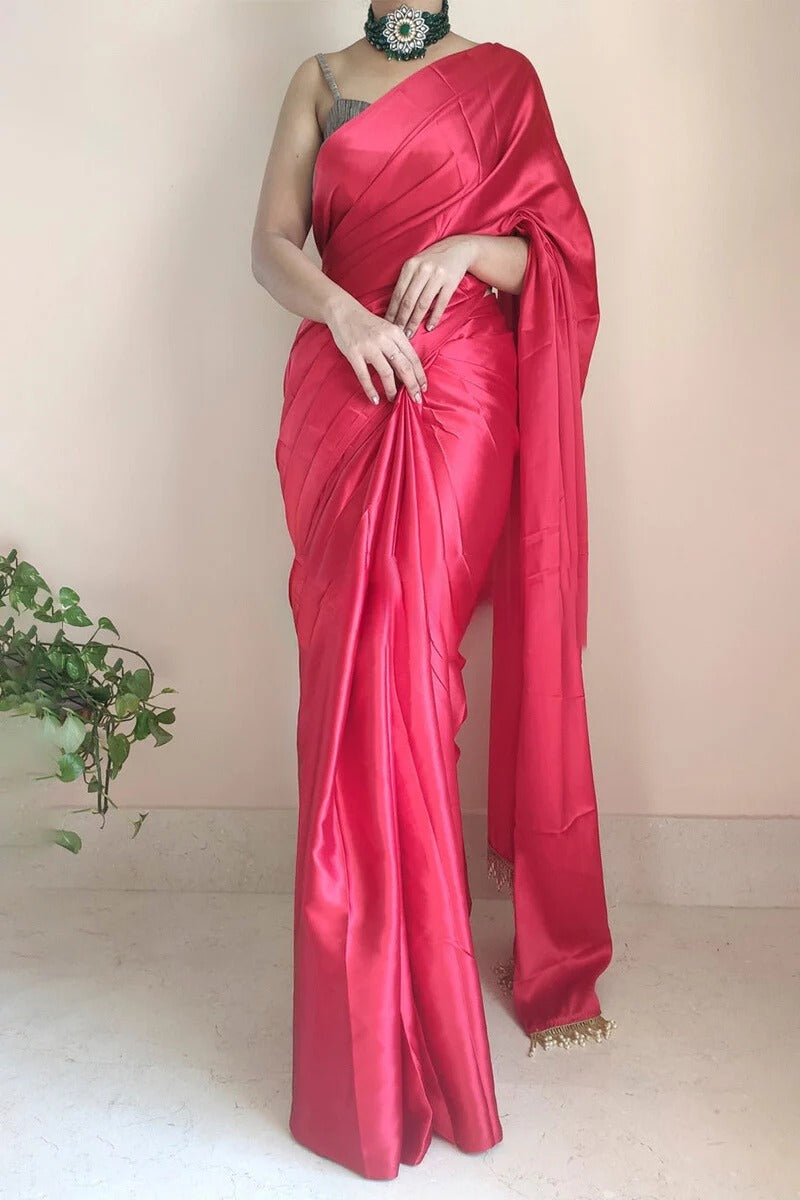 Sumptuous 1 Minute Ready To Wear Dark Pink Satin Silk Saree