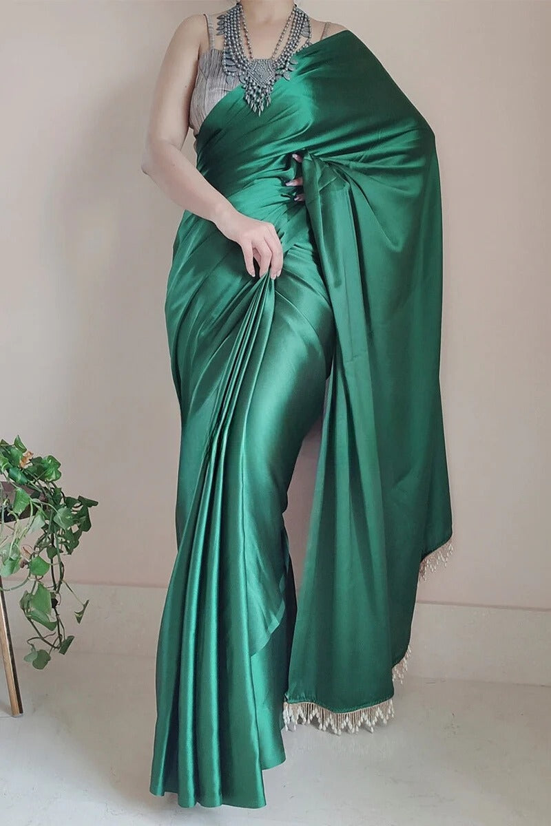 Most Stunning 1 Minute Ready To Wear Forest Green Satin Silk Saree