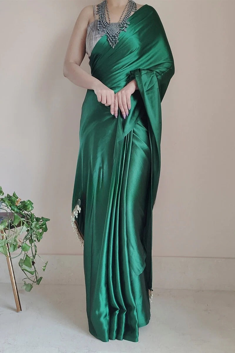 Most Stunning 1 Minute Ready To Wear Forest Green Satin Silk Saree