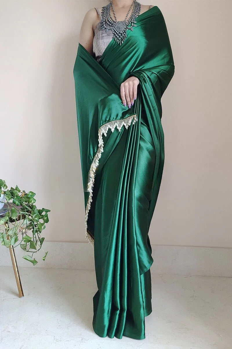 Most Stunning 1 Minute Ready To Wear Forest Green Satin Silk Saree