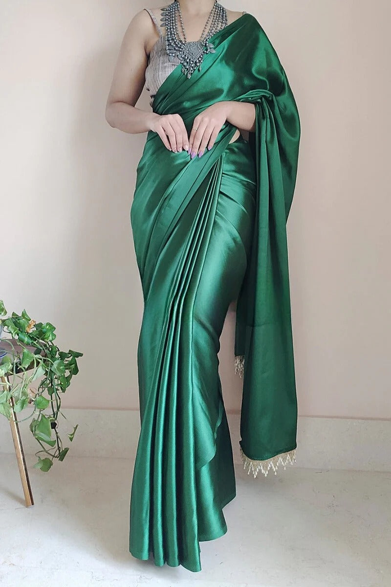 Most Stunning 1 Minute Ready To Wear Forest Green Satin Silk Saree