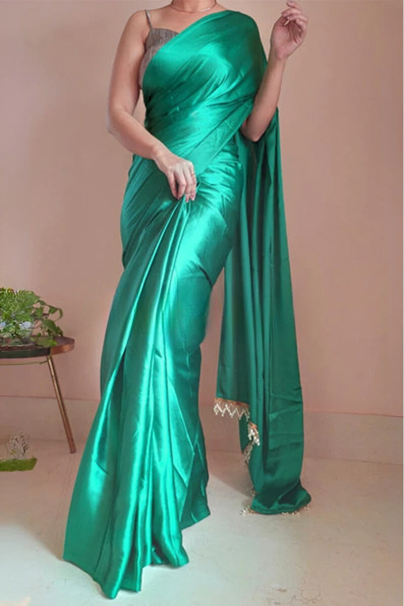 Arresting 1 Minute Ready To Wear Jade Green Satin Silk Saree