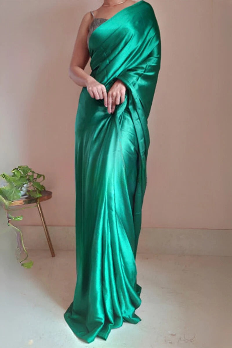 Arresting 1 Minute Ready To Wear Jade Green Satin Silk Saree