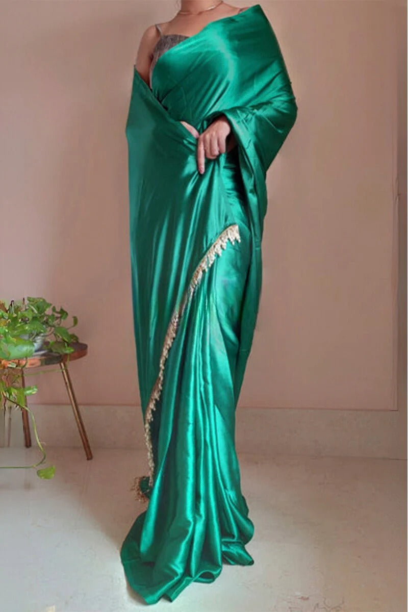 Arresting 1 Minute Ready To Wear Jade Green Satin Silk Saree