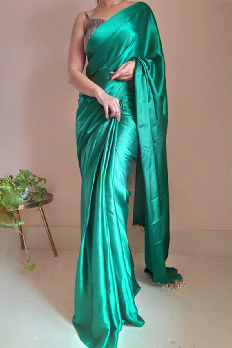 Arresting 1 Minute Ready To Wear Jade Green Satin Silk Saree