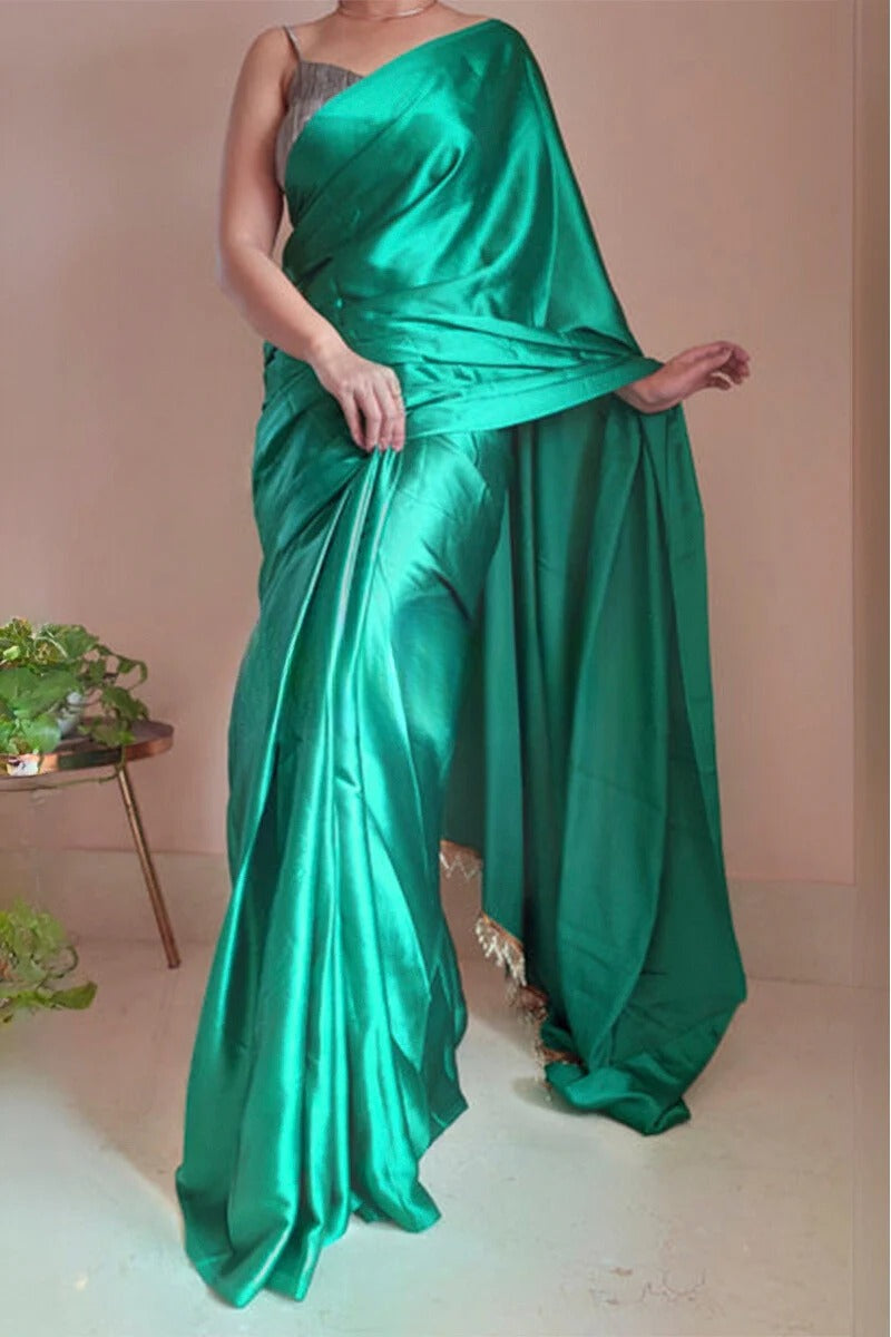 Arresting 1 Minute Ready To Wear Jade Green Satin Silk Saree