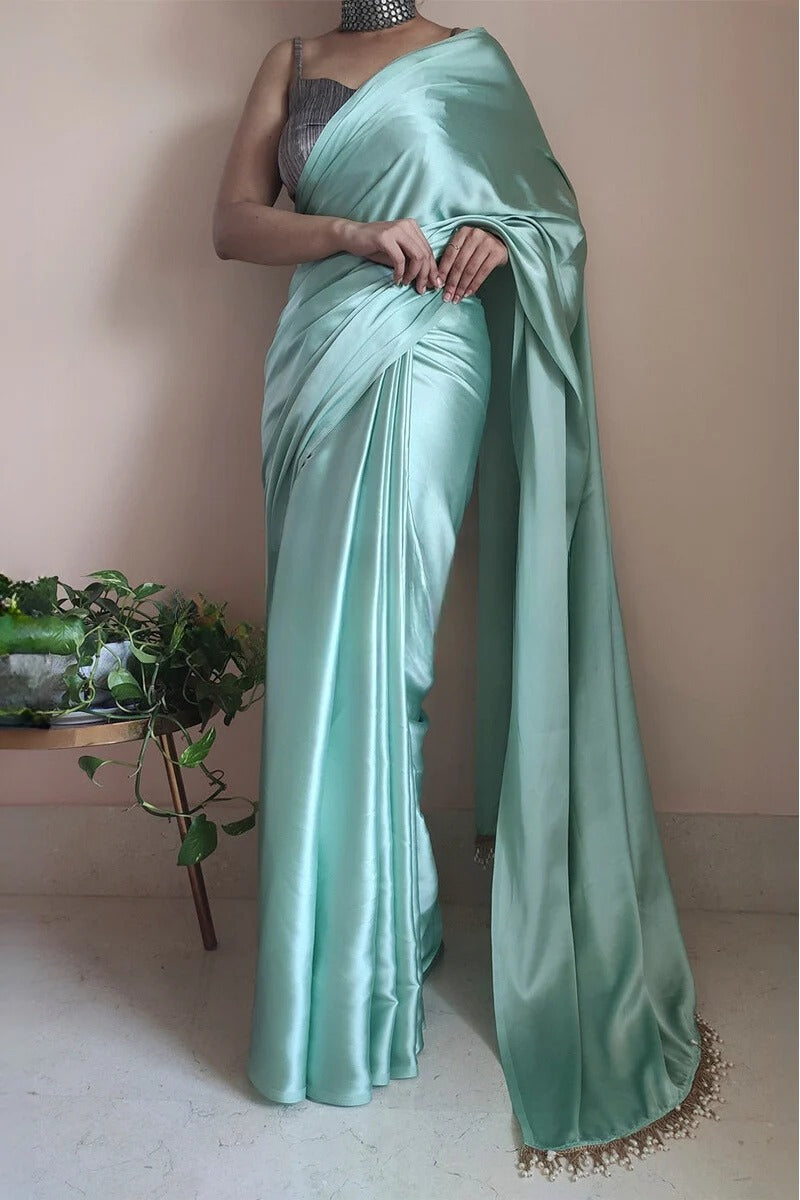 Divine 1 Minute Ready To Wear Mint Green Satin Silk Saree