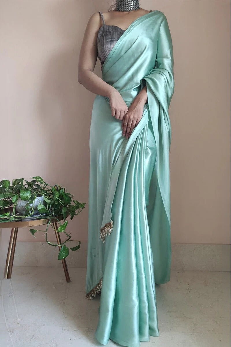 Divine 1 Minute Ready To Wear Mint Green Satin Silk Saree