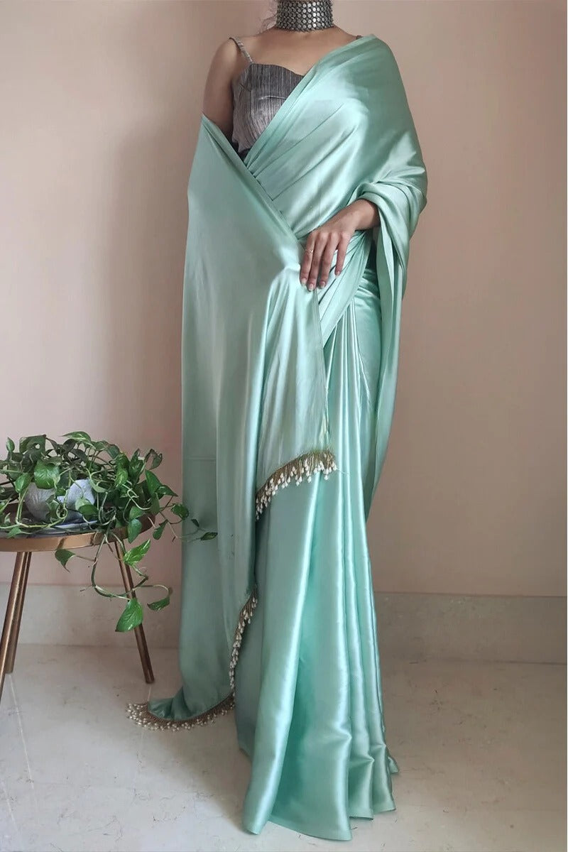 Divine 1 Minute Ready To Wear Mint Green Satin Silk Saree
