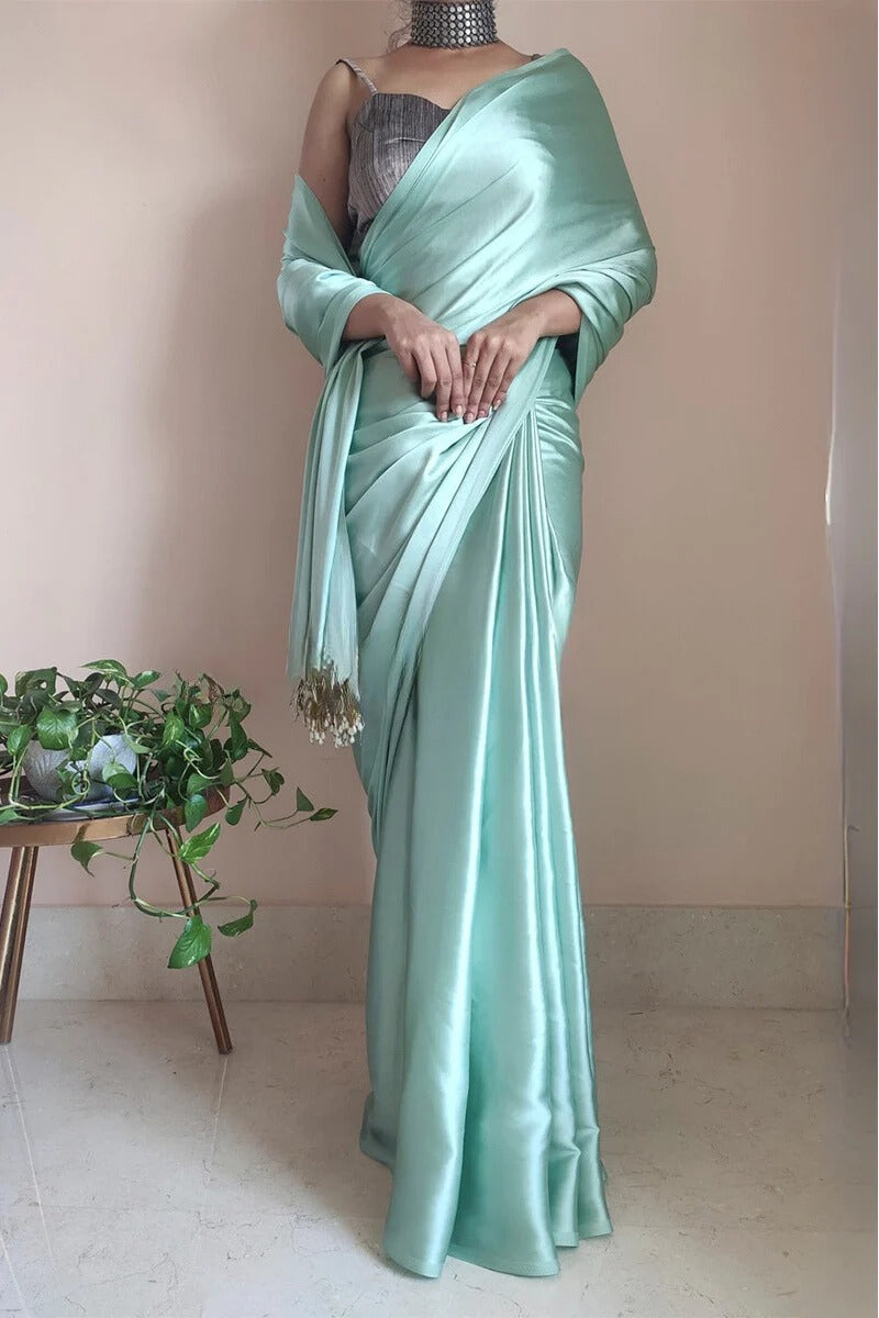 Divine 1 Minute Ready To Wear Mint Green Satin Silk Saree