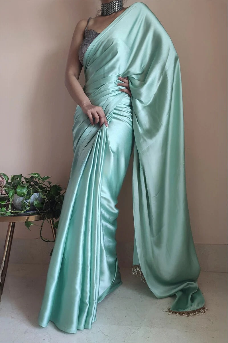 Divine 1 Minute Ready To Wear Mint Green Satin Silk Saree