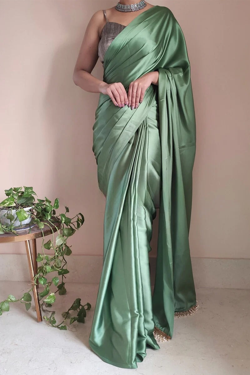Desirable 1 Minute Ready To Wear Moss Green Satin Silk Saree
