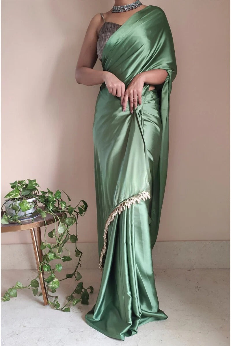 Desirable 1 Minute Ready To Wear Moss Green Satin Silk Saree
