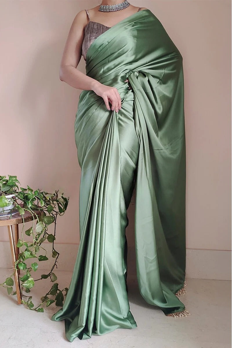 Desirable 1 Minute Ready To Wear Moss Green Satin Silk Saree