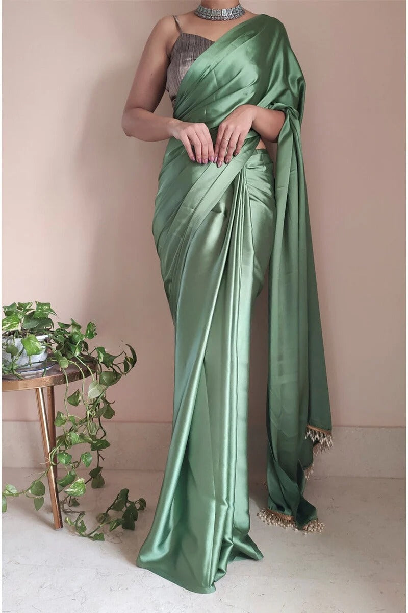 Desirable 1 Minute Ready To Wear Moss Green Satin Silk Saree