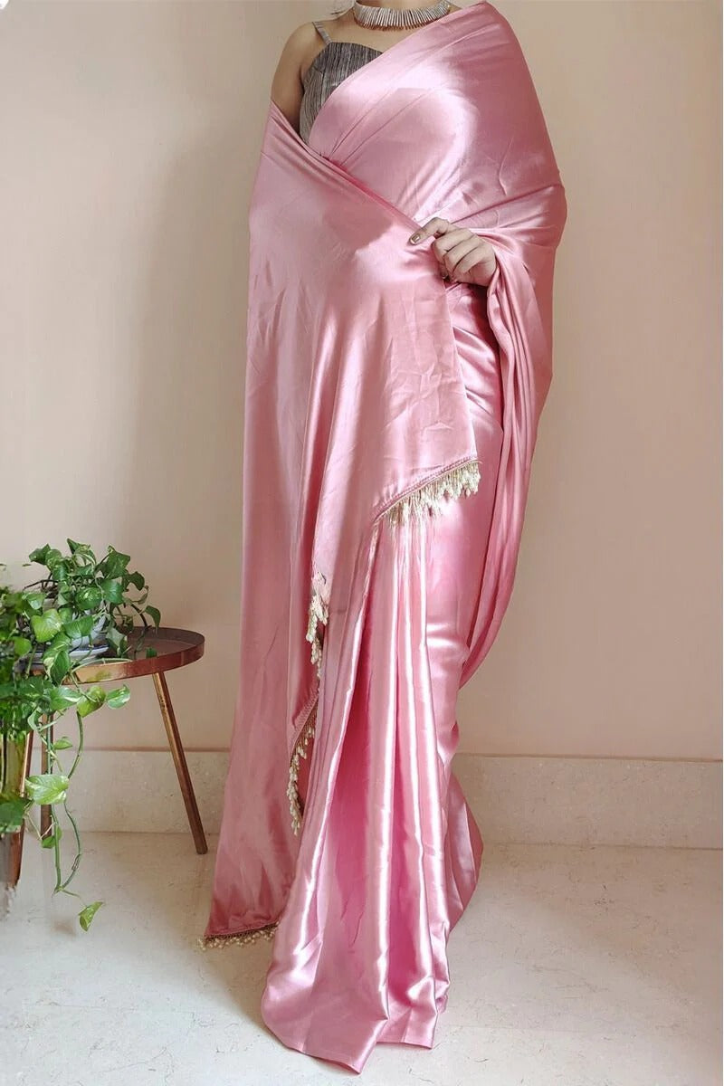 Energetic 1 Minute Ready To Wear Old Rose Satin Silk Saree