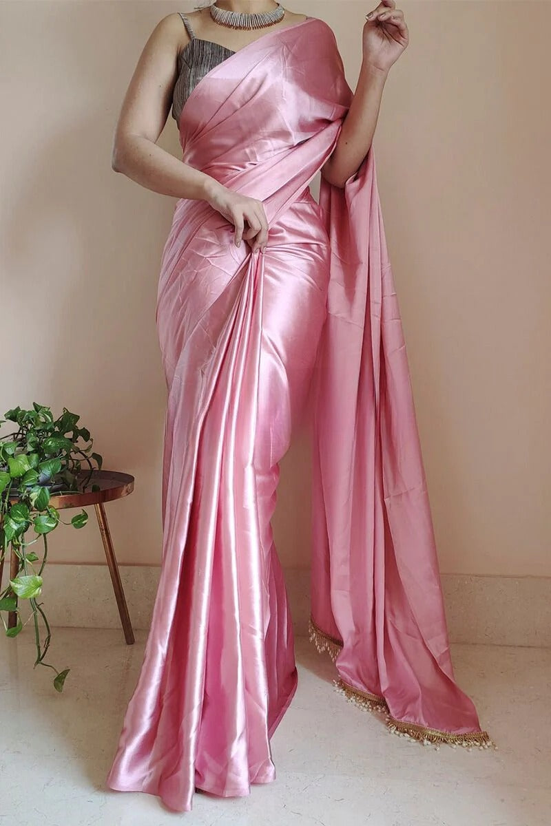 Energetic 1 Minute Ready To Wear Old Rose Satin Silk Saree