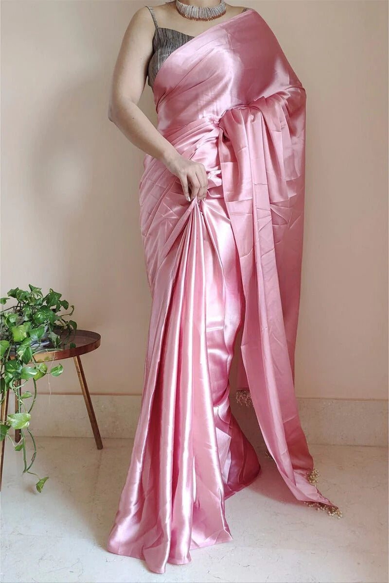 Energetic 1 Minute Ready To Wear Old Rose Satin Silk Saree