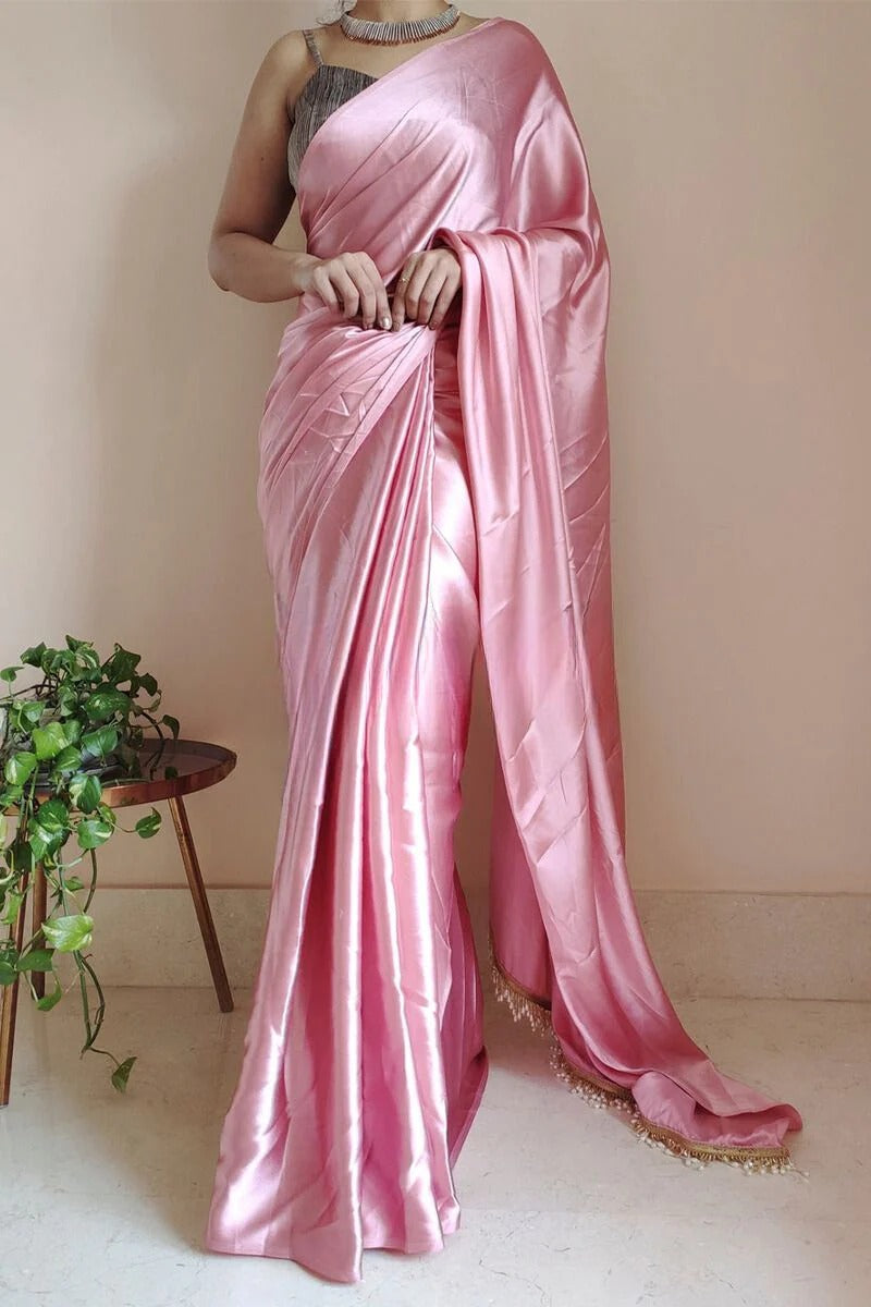 Energetic 1 Minute Ready To Wear Old Rose Satin Silk Saree
