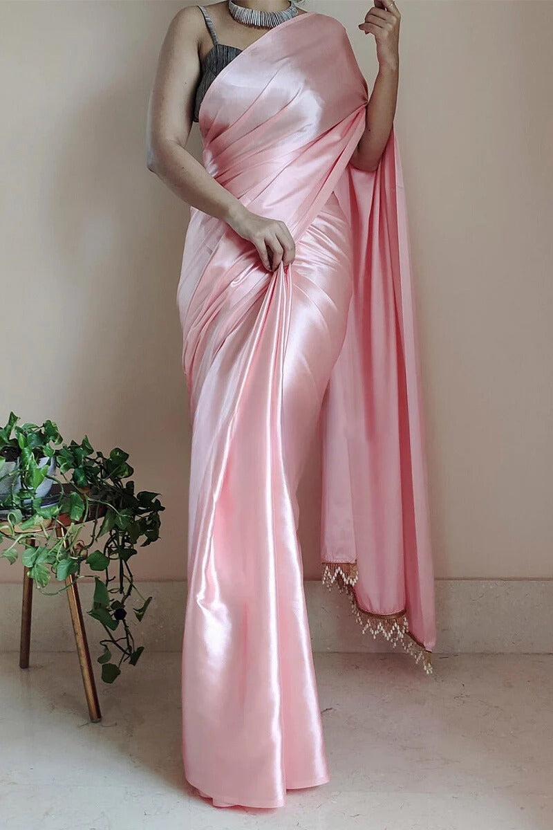 Evanescent 1 Minute Ready To Wear Peach Satin Silk Saree